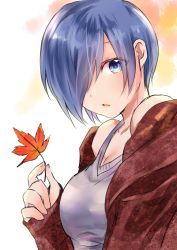 Rule 34 | 1girl, bare shoulders, blue hair, breasts, chii (sbshop), collarbone, commentary request, dot nose, eyes visible through hair, grey shirt, hair over one eye, holding, holding leaf, jacket, kirishima touka, leaf, light background, looking at viewer, medium breasts, multicolored background, open mouth, purple eyes, red jacket, shirt, short hair, simple background, solo, tokyo ghoul