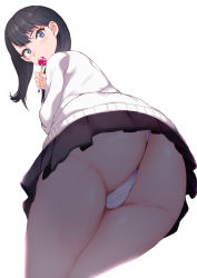 Rule 34 | 1girl, ass, bad id, bad pixiv id, black hair, black skirt, blue eyes, commentary request, gridman universe, highres, long hair, looking at viewer, looking back, looking down, panties, pencil, sikijou77o, simple background, skirt, solo, ssss.gridman, sweater, takarada rikka, thick thighs, thighs, underwear, upskirt, white background, white panties