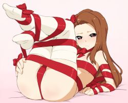 Rule 34 | 1girl, ass, bad id, bad nicoseiga id, bdsm, blurry, blush, bow, breasts, brown hair, depth of field, feet, frown, hair bow, hairband, hisakawa riho, idolmaster, idolmaster (classic), legs up, long hair, long legs, looking at viewer, lying, minase iori, naked ribbon, no shoes, on back, petite, red eyes, ribbon, small breasts, solo, thighhighs, white thighhighs