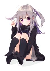 Rule 34 | 1girl, black cardigan, black sailor collar, black socks, blush, bow, braid, cardigan, closed mouth, convenient leg, full body, grey hair, grey skirt, hair bow, hand up, hugging own legs, kneehighs, knees up, long hair, long sleeves, looking at viewer, no shoes, open cardigan, open clothes, original, purple eyes, purple neckwear, sailor collar, shadow, sitting, skirt, sleeves past wrists, socks, soles, solo, sushikuugo (suisen), two side up, white background, white bow