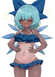 Rule 34 | 1girl, absurdres, bikini, blue bikini, blue bow, blue hair, blush, bow, cirno, commentary request, cowboy shot, detached wings, facing viewer, frilled bikini, frills, hair bow, hands on own stomach, highres, ice, ice wings, mikan (manmarumikan), navel, open mouth, short hair, simple background, solo, swimsuit, tan, tanline, tanned cirno, touhou, white background, wings