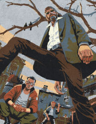 Rule 34 | 1girl, 3boys, beard, black hair, bomber jacket, brown hair, crotch grab, cuno, cunoesse vittulainen, disco elysium, facial hair, feet out of frame, from above, glasses, harry du bois, highres, jacket, kim kitsuragi, mature male, middle finger, multiple boys, mutton chops, outdoors, perspective, reptileenclosed, short hair, squatting, sunglasses, thick beard, tree