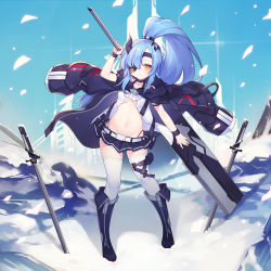 Rule 34 | 1girl, ao jun, arm up, azur lane, belt, belt buckle, black footwear, black jacket, black skirt, blue hair, boots, breasts, buckle, character request, closed mouth, commentary request, eyepatch, full body, hair ornament, high ponytail, holding, holding sword, holding weapon, horns, huge weapon, jacket, knee boots, long hair, long sleeves, looking at viewer, medium breasts, miniskirt, navel, open clothes, open jacket, orange eyes, planted, planted sword, planted weapon, pleated skirt, ponytail, puffy long sleeves, puffy sleeves, shirt, single horn, skirt, snow, solo, standing, sword, sword behind back, thighhighs, thighhighs under boots, very long hair, weapon, white belt, white shirt, white thighhighs