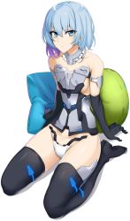 Rule 34 | 1girl, bare shoulders, black gloves, black thighhighs, blue hair, breasts, c-string, closed mouth, doko tetora, elbow gloves, frame arms girl, full body, gloves, gradient hair, highres, looking at viewer, medium hair, multicolored hair, panties, pillow, purple hair, seiza, sideboob, sitting, solo, strapless bottom, stylet, thighhighs, underwear, white panties