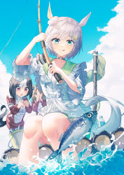 Rule 34 | 3girls, absurdres, alternate hair color, animal ears, blue eyes, bottle, brown hair, bucket, choker, cloud, covering own mouth, fish, fishing rod, gasp, grass wonder (umamusume), green footwear, grey hair, hair ornament, hairclip, highres, holding, holding fishing rod, horse ears, horse girl, horse tail, jacket, multicolored hair, multiple girls, outdoors, pants, raft, red eyes, red jacket, red pants, seiun sky (umamusume), shirt, shirune, short hair, sitting, soaking feet, solo focus, special week (umamusume), standing, tail, tongue, tongue out, track jacket, two-tone hair, umamusume, water, water bottle, white shirt