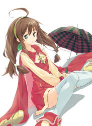 Rule 34 | 1girl, absurdres, ahoge, brown hair, cape, chamu (chammkue), closed mouth, dress, full body, green eyes, hair ornament, hairband, highres, lilka eleniak, long hair, looking at viewer, low-tied long hair, plaid umbrella, ponytail, red cape, red dress, red footwear, shoes, short dress, simple background, sitting, smile, solo, thighhighs, twintails, umbrella, v arms, white background, white thighhighs, wild arms, wild arms 2, yellow hairband, zettai ryouiki