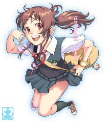 Rule 34 | 1girl, aoi sora (pairan), brown eyes, brown hair, face, hair ornament, hairclip, jumping, name tag, open mouth, original, pairan, round teeth, school uniform, smile, solo, teeth, twintails, white background, wristband