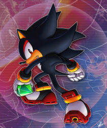 Rule 34 | chaos emerald, clenched hand, full body, gem, gloves, highres, holding, holding gem, looking at viewer, male focus, outline, red eyes, shadow the hedgehog, signature, solo, sonic (series), sonic adventure 2, tyler mcgrath, white fur, white gloves, white outline, zoom layer