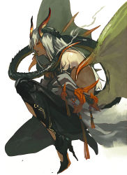 Rule 34 | 1boy, black footwear, black skin, colored skin, cross, dragon boy, dragon horns, dragon tail, dragon wings, full body, grey hair, harurie, high heels, highres, horns, knee up, long hair, looking at viewer, male focus, mouth hold, multicolored skin, orange horns, original, red eyes, red horns, scales, smoke, solo, squatting, stiletto heels, tail, white background, wings, yellow horns