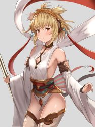 Rule 34 | 1girl, andira (granblue fantasy), aqua (popogori), blonde hair, blush, breasts, brown eyes, cleavage, cleavage cutout, clothing cutout, collarbone, cowboy shot, detached sleeves, granblue fantasy, grey background, holding, leotard, long sleeves, looking at viewer, pantyhose, parted lips, shiny skin, short hair, sideboob, simple background, small breasts, solo, standing, thighband pantyhose, thighs, white leotard, white pantyhose, white sleeves, wide sleeves