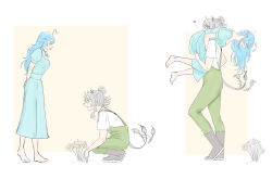 Rule 34 | 2girls, absurdres, ahoge, alternate costume, animal ears, blouse, blue dress, blue hair, boots, breasts, dress, closed eyes, grey eyes, grey hair, hair bun, heart, heart ahoge, heart hair, highres, holding person, hololive, jjtri, lion ears, lion girl, lion tail, long hair, looking back, looking down, looking up, medium breasts, multiple girls, over shoulder, overalls, shirt, shishiro botan, single hair bun, symbol-only commentary, tail, tail wagging, virtual youtuber, white shirt, yellow eyes, yukihana lamy, yuri