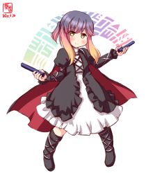 Rule 34 | 1girl, alternate costume, artist logo, black cape, black footwear, cape, commentary request, dated, dress, frilled dress, frills, full body, gradient hair, highres, hijiri byakuren, kanon (kurogane knights), kantai collection, light stick, look-alike, looking at viewer, multicolored hair, one-hour drawing challenge, purple eyes, purple hair, short hair, sidelocks, simple background, solo, touhou, tsushima (kancolle), two-tone dress, white background