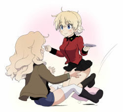 Rule 34 | 10s, 2girls, black footwear, black skirt, blonde hair, blue eyes, blue shorts, boots, braid, brown jacket, closed mouth, commentary request, cup, darjeeling (girls und panzer), denim, denim shorts, epaulettes, falling, girls und panzer, hair intakes, heart, holding, jacket, kay (girls und panzer), kneeling, long hair, long sleeves, looking at another, messy hair, military, military uniform, miniskirt, motion lines, multiple girls, open clothes, open jacket, open mouth, outstretched arms, pillow, pleated skirt, red jacket, saucer, saunders military uniform, short hair, short shorts, shorts, sitting, skirt, smile, st. gloriana&#039;s military uniform, teacup, thighhighs, twin braids, uniform, wata do chinkuru, white legwear