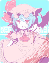 Rule 34 | 1girl, ascot, bad id, bad pixiv id, bat wings, blue hair, character name, fang, female focus, hat, hat ribbon, open mouth, puffy sleeves, red eyes, remilia scarlet, ribbon, sanotsuki, short hair, short sleeves, solo, touhou, wings