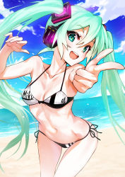 Rule 34 | 1girl, :d, absurdres, aqua eyes, aqua hair, armpits, arms up, bad id, bad pixiv id, beach, bikini, black bikini, blue sky, blush, breasts, character name, cleavage, clothes writing, cloud, collarbone, day, hatsune miku, head tilt, headphones, highres, horizon, leaning forward, long hair, looking at viewer, navel, ocean, open mouth, outstretched arm, pointing, pointing at viewer, round teeth, sand, shore, side-tie bikini bottom, sky, small breasts, smile, solo, stomach, swimsuit, tabobox, teeth, thigh gap, upper teeth only, very long hair, vocaloid