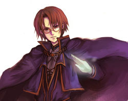 Rule 34 | 1boy, brown hair, cape, glasses, gloves, kara (color), lezard valeth, magic, male focus, simple background, solo, upper body, valkyrie profile (series), white background