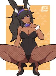 Rule 34 | 1girl, absurdres, animal ears, artist name, bare shoulders, black hair, breasts, cleavage, dark skin, detached collar, final fantasy, fishnet pantyhose, fishnets, freydraws, full body, high heels, highres, large breasts, leotard, long hair, looking at viewer, pantyhose, ponytail, purple eyes, rabbit ears, smile, solo, spread legs, squatting, thighs, v, wrist cuffs
