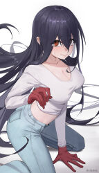 Rule 34 | 1girl, absurdly long hair, arm support, black hair, blue pants, breasts, chilakkk, cleavage, closed mouth, commentary, crop top, crying, crying with eyes open, denim, eyes visible through hair, floating hair, gloves, hair between eyes, hand on floor, highres, izumo fuuko, jeans, kneeling, large breasts, long hair, long sleeves, looking at viewer, midriff, pants, red eyes, red gloves, shadow, shirt, simple background, solo, tears, twitter username, undead unluck, very long hair, wavy mouth, white background, white shirt