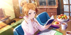 Rule 34 | 1girl, absurdres, alternate hairstyle, artist name, artist request, blush, book, braid, breasts, brown hair, buttons, chair, cup, female focus, food, hair between eyes, hair bun, hair ornament, hairclip, highres, holding, holding book, holding pen, indoors, it&#039;s showtime! (love live!), konoe kanata, long hair, long sleeves, looking at viewer, love live!, love live! nijigasaki high school idol club, love live! school idol festival, love live! school idol festival all stars, nail, nail polish, on chair, parted lips, pen, pink nails, pink sweater, purple eyes, single braid, single hair bun, sitting, smile, solo, sparkle, sweater, table, television, turtleneck, turtleneck sweater, upper body