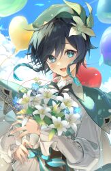 Rule 34 | 1boy, absurdres, balloon, beret, black bow, black bowtie, black hair, blue bow, blue eyes, blue flower, blue hair, blue sky, blush, bouquet, bow, bowtie, braid, brown corset, buttons, cape, cloud, cloudy sky, collared shirt, corset, day, flower, gem, genshin impact, gradient hair, green cape, green gemstone, green hat, hair between eyes, hair flower, hair ornament, hands up, hat, heart balloon, highres, holding, holding bouquet, iop5509, leaf, leaf hat ornament, long sleeves, looking at viewer, male focus, multicolored hair, open mouth, outdoors, puffy long sleeves, puffy sleeves, shirt, short sleeves, sky, smile, solo, standing, striped bow, striped bowtie, striped clothes, teeth, tongue, twin braids, venti (genshin impact), white flower, white shirt, yellow flower