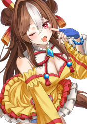 Rule 34 | 1girl, absurdres, animal ears, bare shoulders, bead bracelet, beads, blue gloves, bracelet, breasts, brown hair, cleavage, commentary request, copano rickey (umamusume), cowboy shot, double bun, dress, ear covers, fang, fingerless gloves, gloves, hair between eyes, hair bun, hair ornament, highres, horse ears, horse girl, horse tail, jewelry, large breasts, long hair, long sleeves, looking at viewer, multicolored hair, one eye closed, po musubi, red eyes, simple background, skin fang, solo, streaked hair, tail, tassel, tassel hair ornament, umamusume, white background, white hair, wide sleeves, yellow dress