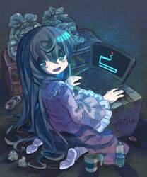 Rule 34 | 1girl, black eyes, black hair, bottle, box, bug, chopsticks, commentary request, computer, cup, dark, highres, houraisan kaguya, indoors, laptop, long hair, long sleeves, looking at viewer, mikan box, mouse (computer), pink shirt, scary maze game, sekisei (superego51), shirt, skirt, smile, socks, solo, touhou, used tissue, very long hair, white socks, wide sleeves