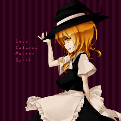 Rule 34 | 1girl, :d, apron, blonde hair, english text, fang, hand to hat, hat, highres, kirisame marisa, mare (shiori 3021), open mouth, short sleeves, skirt, smile, touhou, vest, witch hat, yellow eyes