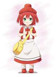 Rule 34 | 10s, 1girl, absurdres, apron, bag, beret, blush, boots, collared shirt, commentary, cosplay, english commentary, erythroblast (hataraku saibou), erythroblast (hataraku saibou) (cosplay), full body, green eyes, hair between eyes, hat, hataraku saibou, highres, ikazu401, kurosawa ruby, looking at viewer, love live!, love live! sunshine!!, parted lips, red blood cell (hataraku saibou), red blood cell (hataraku saibou) (cosplay), red footwear, red hair, red hat, red shirt, red skirt, shirt, short sleeves, shoulder bag, skirt, solo, standing, two side up, waist apron, white apron