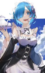 Rule 34 | 1girl, :d, absurdres, apron, black ribbon, blue eyes, blue hair, blush, breasts, cleavage, commentary, cowboy shot, cup, day, detached sleeves, dress, frilled dress, frilled sleeves, frills, hair ornament, hair over one eye, hair ribbon, highres, holding, holding tray, long sleeves, looking at viewer, maid, maid headdress, medium breasts, open mouth, r (ryo), re:zero kara hajimeru isekai seikatsu, red ribbon, rem (re:zero), ribbon, ribbon-trimmed clothes, ribbon trim, roswaal mansion maid uniform, short hair, smile, solo, standing, teacup, teapot, tray, waist apron, white apron, wide sleeves, x hair ornament