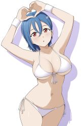 Rule 34 | 1girl, arms up, barkhorn0331, bikini, blue hair, blush, breasts, cleavage, earrings, hair ornament, hairclip, heart, heart hands, highres, jewelry, large breasts, looking at viewer, love live!, love live! superstar!!, navel, parted lips, red eyes, shadow, short hair, simple background, solo, standing, stud earrings, swimsuit, wakana shiki, white background, white bikini