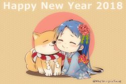 Rule 34 | 1girl, 2018, all fours, blue hair, blue kimono, brown background, chibi, chinese zodiac, dog, closed eyes, flower, gradient hair, hair flower, hair ornament, japanese clothes, kantai collection, kimono, licking, long hair, mae (maesanpicture), multicolored hair, new year, samidare (kancolle), smile, twitter username, year of the dog
