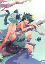 Rule 34 | 2boys, animal ears, black hair, black one-piece swimsuit, black tail, blue male swimwear, blue swim trunks, branch, cat ears, cat tail, green eyes, highres, long hair, luo xiaohei, luo xiaohei (human), luo xiaohei zhanji, male swimwear, multiple boys, multiple persona, one-piece swimsuit, open mouth, partially submerged, ripples, short hair, smile, soaking feet, suncle, swim trunks, swimsuit, tail, topless male, twitter username, white hair