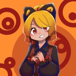 Rule 34 | 1girl, black bow, black shirt, blonde hair, blush, bow, brown dress, collared shirt, commentary request, dress, frilled sleeves, frills, grin, hair bow, hair bun, kurodani yamame, long sleeves, looking at viewer, orange background, own hands together, pinafore dress, red eyes, rinyamame, shirt, short hair, sleeveless dress, smile, solo, touhou, upper body