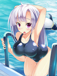 Rule 34 | 1girl, arm up, armpits, bird, black school swimsuit, blush, breasts, covered erect nipples, fang, fingernails, floating, highres, large breasts, light purple hair, long fingernails, long hair, looking at viewer, one-piece swimsuit, open mouth, original, penguin, pink eyes, school swimsuit, skin tight, solo, swimsuit, torisan, very long hair, water