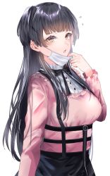 Rule 34 | 1girl, black hair, blush, breasts, brown eyes, highres, idolmaster, idolmaster shiny colors, large breasts, long hair, long sleeves, looking at viewer, mask, mask pull, mayuzumi fuyuko, mouth mask, onineko-chan, parted lips, pink shirt, shirt, simple background, solo, upper body, white background