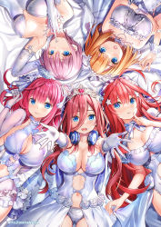 Rule 34 | 5girls, :d, armpits, bare shoulders, blunt bangs, blush, breasts, bridal lingerie, bridal veil, bride, cleavage, closed mouth, clothing cutout, collarbone, commentary request, cover, cover page, cowboy shot, dress, elbow gloves, female focus, fujima takuya, gloves, go-toubun no hanayome, hair between eyes, harem, large breasts, lingerie, long hair, looking at viewer, lying, medium hair, multiple girls, nakano ichika, nakano itsuki, nakano miku, nakano nino, nakano yotsuba, navel, navel cutout, on back, open mouth, panties, parted lips, quintuplets, reaching, reaching towards viewer, short hair, siblings, sidelocks, sisters, smile, twitter username, underwear, veil, wedding dress, white gloves, white panties