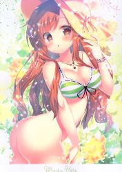 Rule 34 | 1girl, :o, absurdres, ass, bare shoulders, bikini, bikini top only, blush, bottomless, bracelet, breasts, brown eyes, brown hair, character name, cleavage, collarbone, from side, front-tie top, gochuumon wa usagi desu ka?, green bikini, groin, hair between eyes, hand on headwear, hat, highres, hoto mocha, jewelry, large breasts, long hair, looking at viewer, mitsumomo mamu, necklace, open mouth, scan, solo, sun hat, swimsuit, very long hair