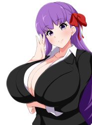 Rule 34 | 1girl, arm under breasts, bb (fate), bb (fate/extra), breasts, business suit, cleavage, fate (series), formal, hair ornament, hair ribbon, huge breasts, jabara tornado, long hair, matching hair/eyes, matou sakura, purple eyes, purple hair, red ribbon, ribbon, ribbon in hair, smile, solo, suit