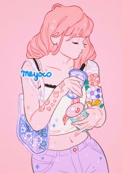 Rule 34 | 1girl, absurdres, artist name, bag, blue flower, closed eyes, closed mouth, cowboy shot, cup, drink, flower, highres, holding, holding cup, holding drink, leaf, liquid, long hair, meyoco, navel, original, pants, pink background, pink flower, pink hair, profile, purple pants, shoulder bag, simple background, solo, spaghetti strap, sparkle, tank top, tattoo, transparent bag, white flower, white tank top
