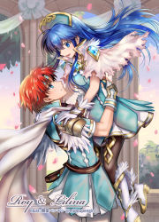 Rule 34 | 1boy, 1girl, :d, armor, belt, black pantyhose, blue dress, blue eyes, blue hair, blue tunic, boots, brown belt, cape, capelet, character name, commentary request, cowboy shot, dress, fingerless gloves, fire emblem, fire emblem: the binding blade, gloves, headband, headdress, highres, lilina (fire emblem), long hair, looking at another, looking up, mintes, nintendo, open mouth, pantyhose, pauldrons, petals, red hair, roy (fire emblem), short dress, short sleeves, shoulder armor, smile, standing, tunic, white cape, white capelet, white footwear, white gloves
