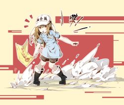 Rule 34 | 1girl, baseball cap, beige background, black footwear, blue shirt, boots, brown eyes, brown hair, chinese commentary, clothes writing, collarbone, commentary request, flag, full body, grey shorts, hair between eyes, hat, hataraku saibou, highres, holding, holding flag, long hair, looking at viewer, mouth hold, platelet (hataraku saibou), rubber boots, shirt, short sleeves, shorts, sidelocks, simple background, solo, standing, suaynnai wanzi, translation request, whistle, white hat