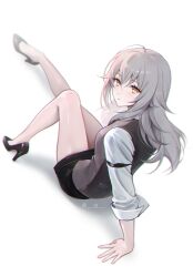 Rule 34 | 1girl, 1i1, alternate costume, arm support, black footwear, black skirt, closed mouth, expressionless, from behind, grey hair, grey vest, high heels, highres, honkai: star rail, honkai (series), knee up, long hair, looking at viewer, looking back, shirt, simple background, sitting, skirt, sleeves rolled up, solo, stelle (honkai: star rail), trailblazer (honkai: star rail), twitter username, vest, white background, white shirt, yellow eyes
