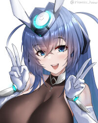 Rule 34 | 1girl, :3, absurdres, animal ears, azur lane, bare shoulders, blue eyes, blue hair, bodystocking, breasts, crossed bangs, elbow gloves, fake animal ears, gloves, hair between eyes, hair intakes, hands up, headgear, highres, irkawaza, large breasts, light blush, long hair, looking at viewer, new jersey (azur lane), open mouth, rabbit ears, simple background, smile, twitter username, upper body, v, white background, white gloves