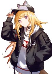 Rule 34 | 1girl, adjusting clothes, adjusting headwear, animal ears, animal hat, black choker, black jacket, blonde hair, choker, closed mouth, commentary, dog ears, dog girl, dog hat, dog tail, drawstring, hat, hat with ears, highres, hood, hood down, hoodie, jacket, kmnz, long hair, long sleeves, looking at viewer, mc lita, nail polish, paw print, pendant choker, purple eyes, red nails, solo, tail, tsugu0302, upper body, virtual youtuber, white background, white hoodie