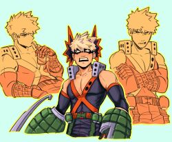 Rule 34 | 1boy, bakugou katsuki, bare shoulders, black bodysuit, black mask, blonde hair, blue background, bodysuit, boku no hero academia, can, commentary, cropped legs, crossed arms, detached sleeves, drinking, drinking straw, english commentary, eye mask, gift art, gloves, habkart, highres, holding, holding can, looking at viewer, male focus, open mouth, outline, pectoral cleavage, pectorals, short hair, simple background, spiked hair, standing, v-neck, yellow outline