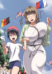 Rule 34 | 2girls, 6+boys, age difference, american flag, baseball cap, black hair, blue eyes, blush, bouncing breasts, breasts, brown hair, bursting breasts, card, cardigan, child, cleavage, closed eyes, crowd, danish flag, dress, faceless, flag, flags of all nations, gainaxing, german flag, glasses, green eyes, gym shorts, gym uniform, hat, highres, hime cut, holding hands, huge breasts, inconvenient breasts, kloah, mature female, mole, mole under eye, multiple boys, multiple girls, nail polish, no bra, onee-shota, onlookers, open mouth, original, outdoors, partially translated, pointing, running, russian flag, saliva, short hair, short twintails, shorts, sitting, sitting on shoulder, sitting on shoulders, straining buttons, string of flags, teacher and student, text focus, tongue, translated, translation request, tree, twintails, union jack