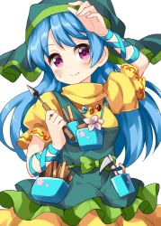 Rule 34 | 1girl, apron, arm ribbon, blue hair, blue ribbon, bow, closed mouth, dress, floral print, flower, green apron, green bow, green headwear, haniyasushin keiki, head scarf, highres, holding, jewelry, long hair, looking at viewer, magatama, magatama necklace, necklace, pink eyes, pink flower, pocket, puffy short sleeves, puffy sleeves, ribbon, ruu (tksymkw), short sleeves, simple background, single strap, smile, solo, standing, sweat, touhou, white background, wood carving tool, yellow dress