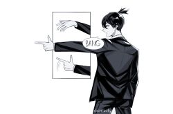 Rule 34 | 1boy, artist name, black hair, black jacket, black pants, chainsaw man, claireiosity, finger gun, formal, greyscale, hayakawa aki, highres, jacket, looking to the side, monochrome, pants, shirt tucked in, short hair, simple background, solo, speech bubble, suit, suit jacket, topknot, white background