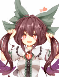 Rule 34 | 1girl, blush, brown hair, bunching hair, hair ornament, hair ribbon, heart, holding, holding hair, looking at viewer, open mouth, otsu (pixiv15748356), puffy sleeves, red eyes, reiuji utsuho, ribbon, shirt, short sleeves, simple background, smile, solo, third eye, touhou, twintails, upper body, white background, wings