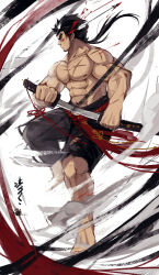 Rule 34 | 1boy, abs, bara, blood, blood splatter, boogbogex, chinstrap beard, fighting stance, from side, full body, highres, holding, holding sword, holding weapon, large pectorals, long hair, low ponytail, male focus, mature male, muscular, muscular male, nipples, original, pectorals, scar, serious, sheath, solo, stomach, strongman waist, sword, topless male, unsheathing, weapon